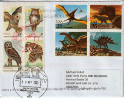 Letter USA 2023, Dinosaurs & Owls, To Andorra,with Local Illustrated Arrival Postmark - Brieven En Documenten