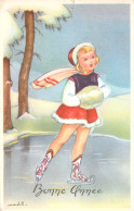 NOUVEL AN - Bonne Année - Happy New Year - Portrait Enfant - Illustration - Patin A Glace - Carte Postale Ancienne - Neujahr