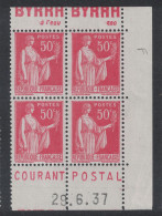 BLOC DE 4 TIMBRES NEUF **/* ISSU DE CARNET Au TYPE PAIX N° 283 Avec BANDE PUB BYRRH COURANT POSTAL + COIN DATÉ - Unused Stamps