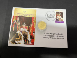 (6-12-2023) (1 W 30A) $ 1.00 King Charles III Newly Relased Australian Coin (issued 4-12-2023) Cover With King Stamp M/s - Dollar