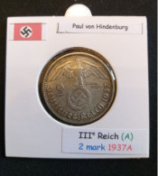 Pièce De 2 Reichsmark De 1937A (Berlin) Paul Von Hindenburg (position A) - 2 Reichsmark