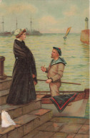 COUPLE - Tableau - Un Marin Dans Sa Barque Approchant Sa Bien Aimé - Port - Phare - Carte Postale Ancienne - Couples