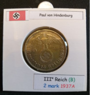 Pièce De 2 Reichsmark De 1937A (Berlin) Paul Von Hindenburg (position B) - 2 Reichsmark