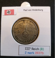 Pièce De 2 Reichsmark De 1937D (Munich) Paul Von Hindenburg (position B) - 2 Reichsmark
