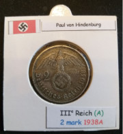 Pièce De 2 Reichsmark De 1938A (Berlin) Paul Von Hindenburg (position A) - 2 Reichsmark