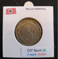 Pièce De 2 Reichsmark De 1938A (Berlin) Paul Von Hindenburg (position B) - 2 Reichsmark