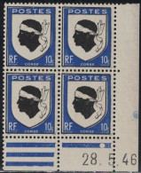 BLASON CORSE - N°755 -   BLOC DE 4 COIN DATE - 28-5-1946 - COTE 1€ - 1960-1969