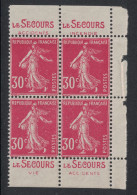 BLOC DE 4 TIMBRES NEUF ** ISSU DE CARNET Au TYPE SEMEUSE CAMÉE N° 191 Avec BANDE PUB LE SECOURS ASSURANCE VIE ACCIDENTS - Neufs