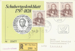 AUSTRIA. FDC. 150th ANNIV. FRANZ SCHUBERT. LINZ DONAU 1978. REGISTERED MAIL. MUSIC - FDC