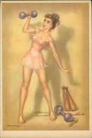 PIN-UP  BEAUTY IN UNDERWEAR MAKING GYM - HUMORISTIC POSTCARD SIGNED MARAJA - 1950s  (TEM429) - Pin-Ups