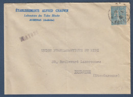 50c Semeuse Perforé  A C Sur Enveloppe Etablissements Alfred Chauvin AUBENAS - Briefe U. Dokumente