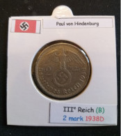 Pièce De 2 Reichsmark De 1938D (Munich) Paul Von Hindenburg (position B) - 2 Reichsmark