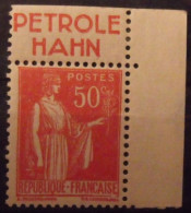 Timbre à Bande Publicitaire. Paix N° 283. 50 C. Type 2. Pub Publicitaires Carnet. Pétrole Hahn. Neuf** - Altri & Non Classificati