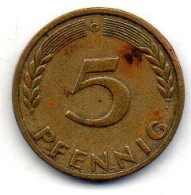 GERMANY - FEDERAL REPUBLIC, 5 Pfennig, Brass, Year 1949-G, KM # 102 - 5 Pfennig