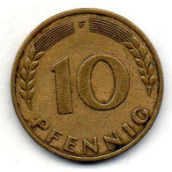 GERMANY - FEDERAL REPUBLIC, 10 Pfennig, Brass, Year 1949-F, KM # 103 - 10 Pfennig