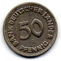 GERMANY - FEDERAL REPUBLIC, 50 Pfennig, Copper-Nickel, Year 1949-J, KM # 104 - 50 Pfennig