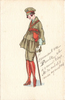 ILLUSTRATEUR - Une Femme En Tenue Militaire S'appuyant Sur Une Canne  - Colorisé -  Carte Postale Ancienne - Autres & Non Classés