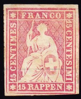 1854 15 Rp Rosarot, Ungebraucht, Vollrandig Mit Originalgummi, Leicht Fleckig. Befund Weid. Bogeneckstück - Unused Stamps