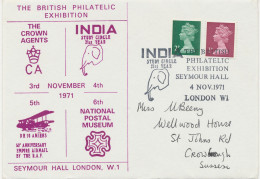 GB SPECIAL EVENT POSTMARKS 1971 THE BRITISH PHILATELIC EXHIBITION SEYMOUR HALL LONDON W.I. - INDIA STUDY CIRCLE 21TH YEA - Lettres & Documents