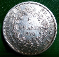 MONNAIE  5 FRANCS  HERCULE 1874 K BORDEAUX     Argent  III ème  REPUBLIQUE   FRANCE OLD SILVER COIN - 5 Francs