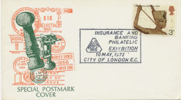 GB SPECIAL EVENT POSTMARKS 1972 INSURANCE & BANKING PHILATELIC EXHIBITION CITY OF LONDON E.C. ON SOUVENIR COVER - Storia Postale