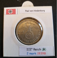 Pièce De 2 Reichsmark De 1939B (Vienne) Paul Von Hindenburg (position A) - 2 Reichsmark