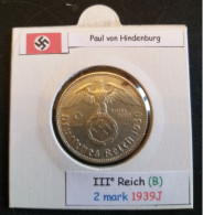 Pièce De 2 Reichsmark De 1939J (Hambourg) Paul Von Hindenburg (position B) - 2 Reichsmark