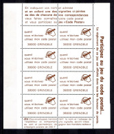 RC 26635 FRANCE CODE POSTAL GRENOBLE 38000 INSCRIPTIONS MARGE DROITE BLOC FEUILLET DE 8 VIGNETTES NEUF ** - Bmoques & Cuadernillos