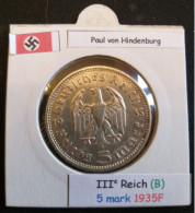 Pièce De 5 Reichsmark De 1935F (Stuttgard) Paul Von Hindenburg (position B) - 5 Reichsmark