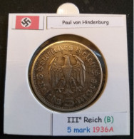 Pièce De 5 Reichsmark De 1936A (Berlin) Paul Von Hindenburg (position B) - 5 Reichsmark