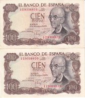PAREJA CORRELATIVA DE 100 PTAS DEL AÑO 1970 SERIE 1Z SIN CIRCULAR (UNC) (BANK NOTE) - 100 Pesetas