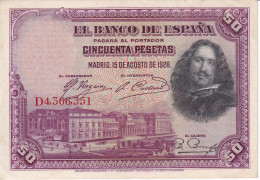 BILLETE DE ESPAÑA DE 50 PTAS DEL AÑO 1928 SERIE D CALIDAD EBC (XF) VELAZQUEZ - 50 Peseten