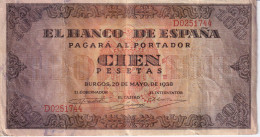 BILLETE DE ESPAÑA DE BURGOS DE 100 PTAS DEL AÑO 1938 SERIE D (BANK NOTE) - 100 Pesetas