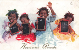 FÊTES ET VOEUX - Nouvel An - Des Petites Filles Noires Tenant Des Ardoises - Colorisé - Carte Postale Ancienne - Nouvel An