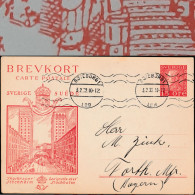 Suède 1929. Entier Postal Officiel Pour L'étranger. Stockholm, Tramways Entre Les Tours Du Roi, Gratte-ciel - Tranvías