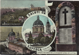 CARTOLINA  TORINO,PIEMONTE-SALUTI DA SUPERGA-SUPERGA E PAESAGGIO-BASILICA DAL LATO LAPIDE CADUTI-LAPIDE-VIAGGIATA 1960 - Églises