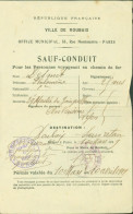 Guerre 14 Sauf Conduit Laissez Passer Pour Les Personnes Voyageant En Chemin De Fer Préfecture Nord Ville Roubaix - Oorlog 1914-18