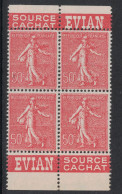 BLOC DE 4 TIMBRES NEUF ** ISSU DE CARNET Au TYPE SEMEUSE LIGNÉE N° 199 Avec BANDE PUB EVIAN SOURCE CACHAT - Unused Stamps