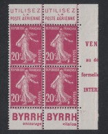 BLOC DE 4 TIMBRES NEUF ** ISSU DE CARNET Au TYPE SEMEUSE CAMÉE N° 190 Avec BANDE PUB BYRRH + POSTE AÉRIENNE - Ungebraucht