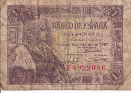BILLETE DE ESPAÑA DE 1 PTA DEL 15/06/1945 ISABEL LA CATÓLICA SERIE F (BANK NOTE) - 1-2 Peseten
