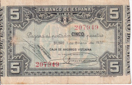 BILLETE DE ESPAÑA 5 PTAS DEL BANCO DE BILBAO 1937 - FIRMA CAJA DE AHORROS VIZCAINA (BANKNOTE) - 5 Pesetas