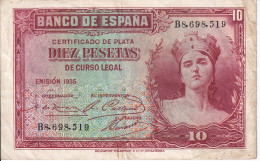 BILLETE DE 10 PESETAS DEL AÑO 1935 SERIE B - CERTIFICADO DE PLATA - 10 Peseten