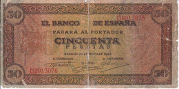 BILLETE DE ESPAÑA DE 50 PTAS DEL 20/05/1938 SERIE D (BANKNOTE) - 50 Peseten