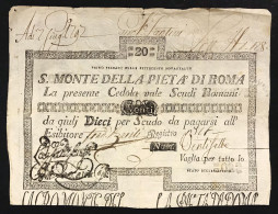 Stato Pontificio Cedola Da 20 Scudi Sacro Monte Della Pietà Di Roma  01 02 1792 Naturale R2 Lotto.1730 - [ 9] Collections