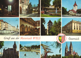 WELS, MESSESTADT, MULTIPLE VIEWS, CHURCH, TOWER WITH CLOCK, FOUNTAIN, STATUE, ARCHITECTURE, POOL, RESORT, EMBLEM,AUSTRIA - Wels