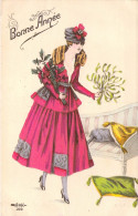 Illustrateur - Bonne Année - Femme En Manteau Qui Porte Du Houx Et Du Guy - Carte Postale Ancienne - Non Classés