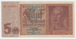 GERMANY NAZI 5 Reichsmark 1942 VF+ Pick 186a 186 A - 5 Reichsmark