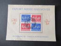 Kontrollrat 1948 Exportmesse Hannover 4er Block V Zd 1 Mit SSt Kennbuchstabe D / Sonderblatt Aufbauspende - Storia Postale