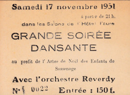 Ticket Entrée - Grande Soirée Dansante - Avec L'orchestre Reverdy - Sassenage - 1951 - Tickets D'entrée