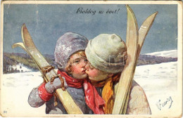 * T3 1921 Boldog új évet! Téli Sport, Puszilózó Gyerekek Sílécekkel / New Year Greeting, Children Kissing With Skis, Win - Non Classés